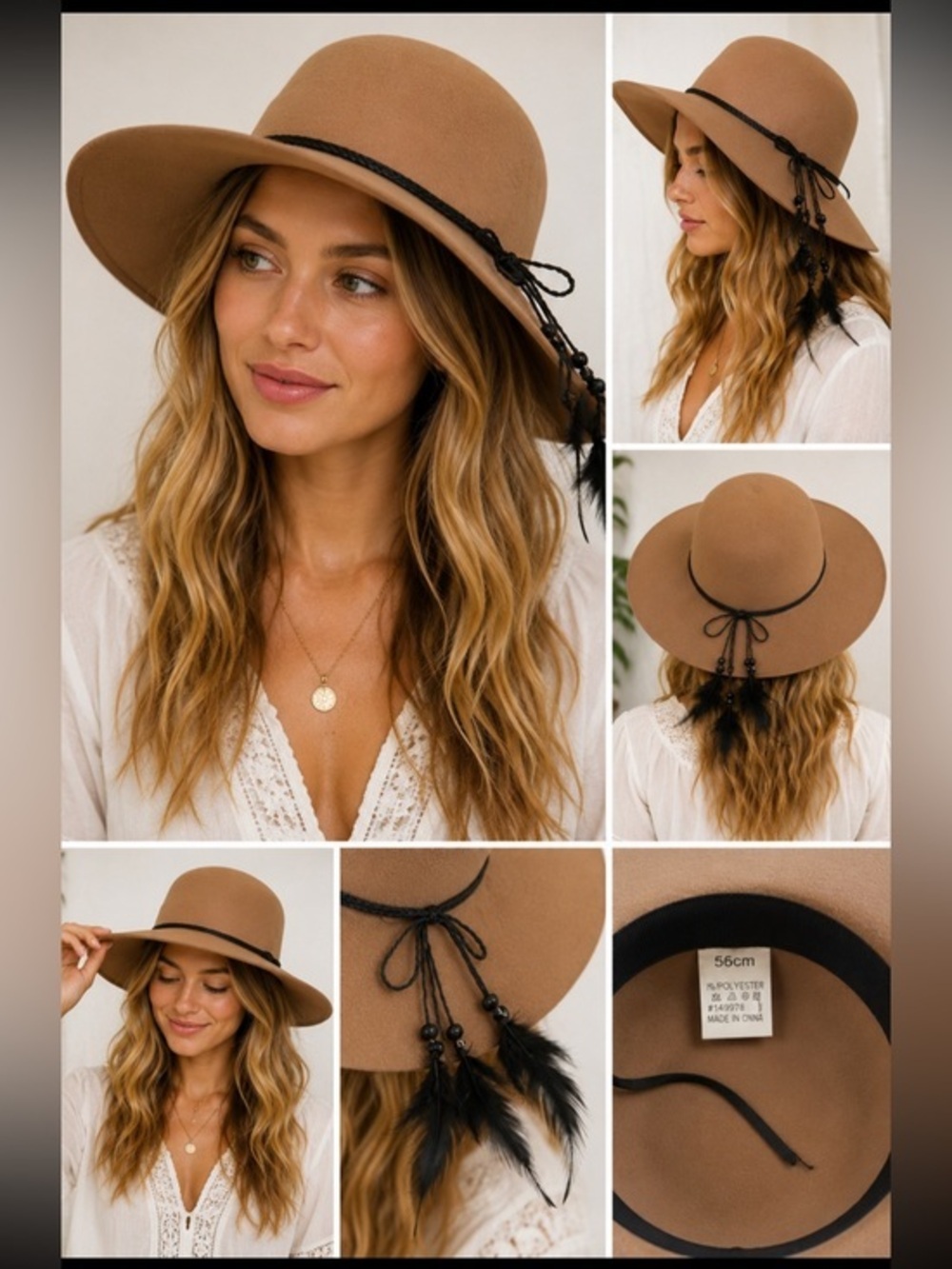 Camel Wide Brim Hat Black Feather Trim Boho Free People Look